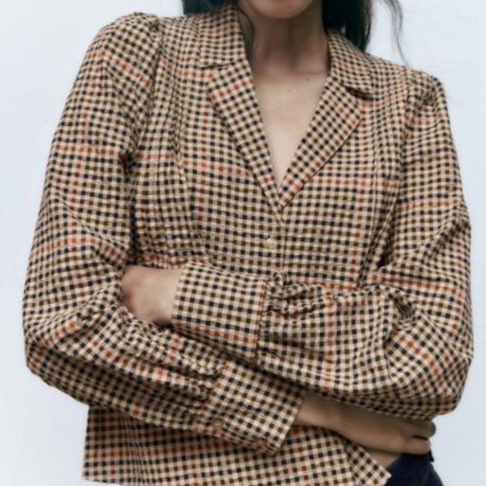 Zara Beige and Black Checked Button-Down Shirt